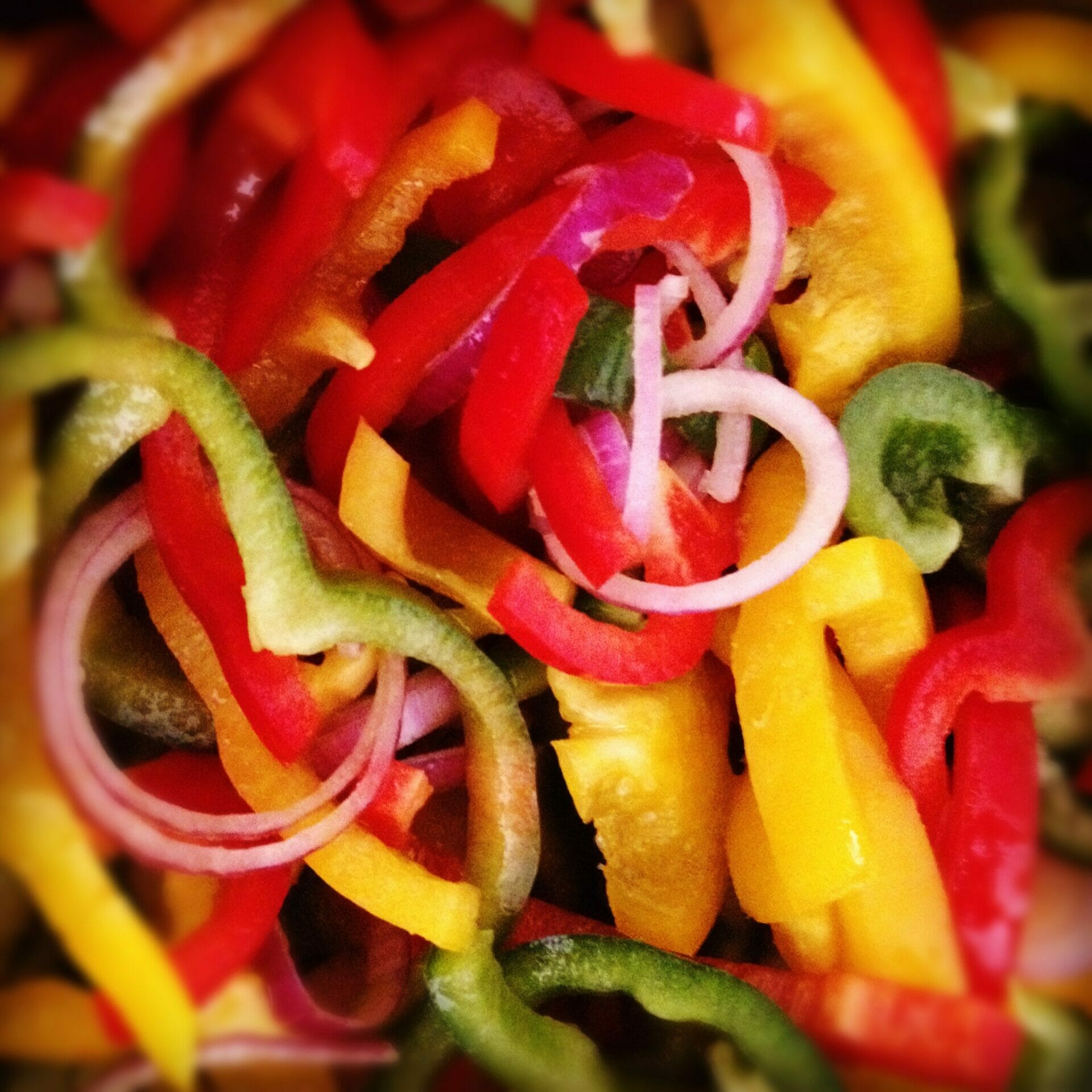 Red Onion with Green, Yellow and Red Peppers