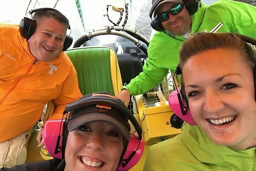 Marsh Landing Selfie of a group of 4 people in an airboat tour