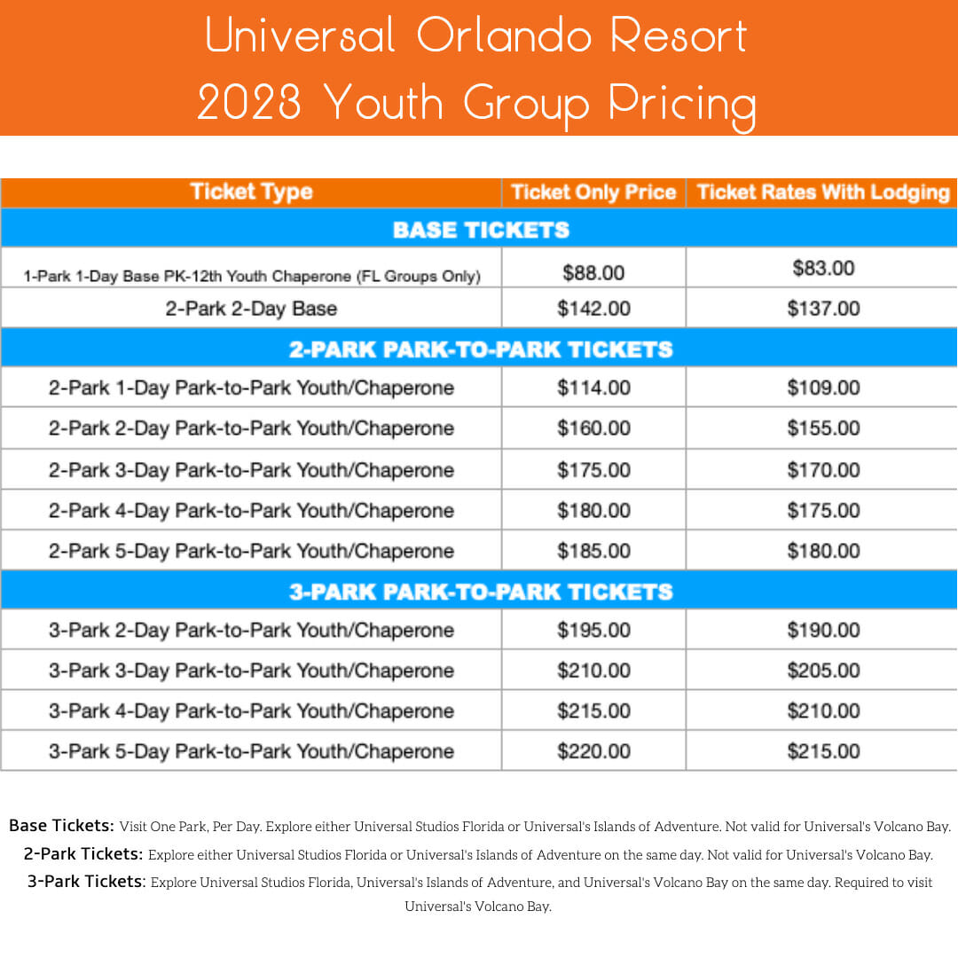 2023 Universal Youth Group Pricing